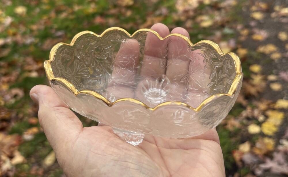Vintage Louisa Floragold Jeannette Glass Oval Bowls Gold Trim Pair BL2